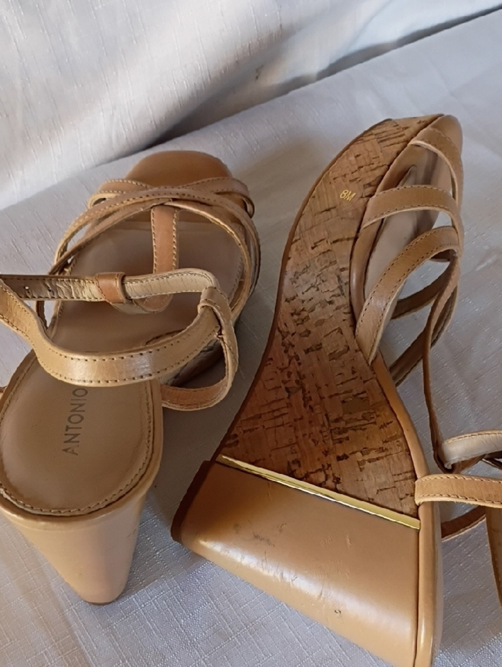 ANTONIO MELANI Beige Tan Strappy Cork Wedge Sandals - Picture 2 of 10